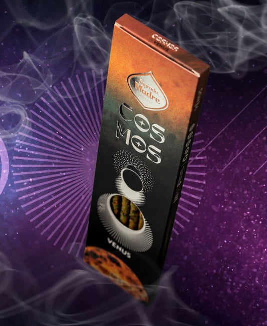 Venus Cosmos incense box in smoke against a violet starburst background