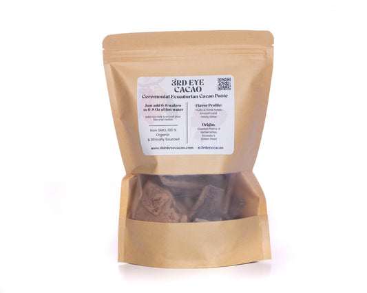 Ceremonial grade Ecuadorian cacao paste for brewing and baking.