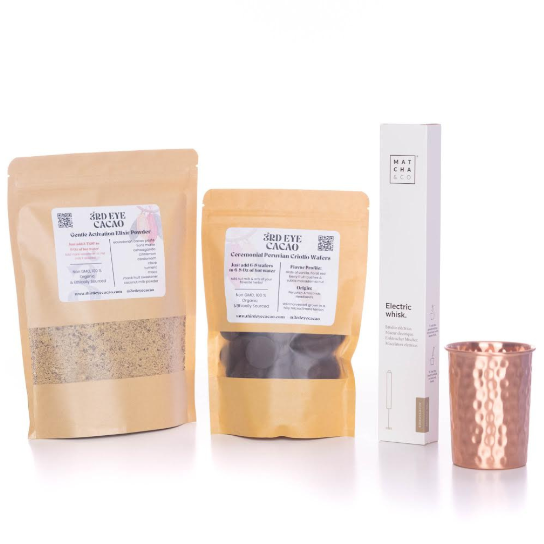 3rd Eye Cacao Ceremony Kit with elixir tin, cacao wafers, frother, palo santo and copper cup.