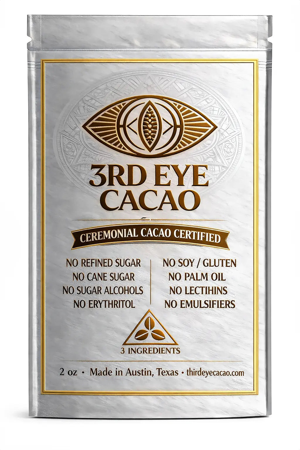 Wrapped 2 oz ceremonial cacao bar from 3rd Eye Cacao, made in Austin, Texas.