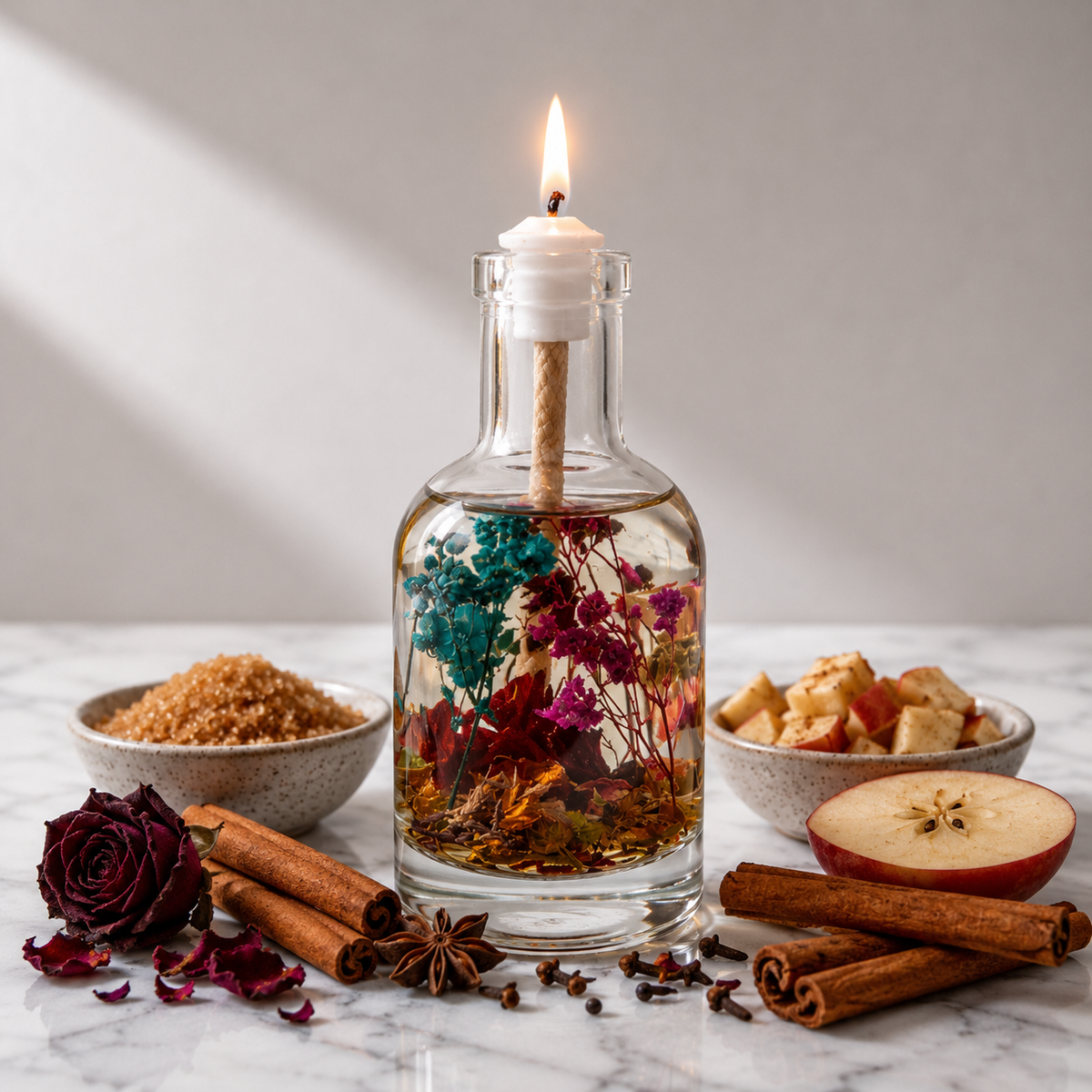 Lit Scorpio oil candle: a clear glass bottle of dark red and teal dried flowers with a burning wick, on marble among dried rose petals, cinnamon sticks, star anise, apple slices and a bowl of brown sugar