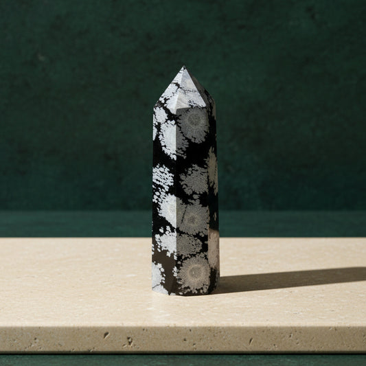 Snowflake obsidian point on a pale stone ledge against a dark green backdrop