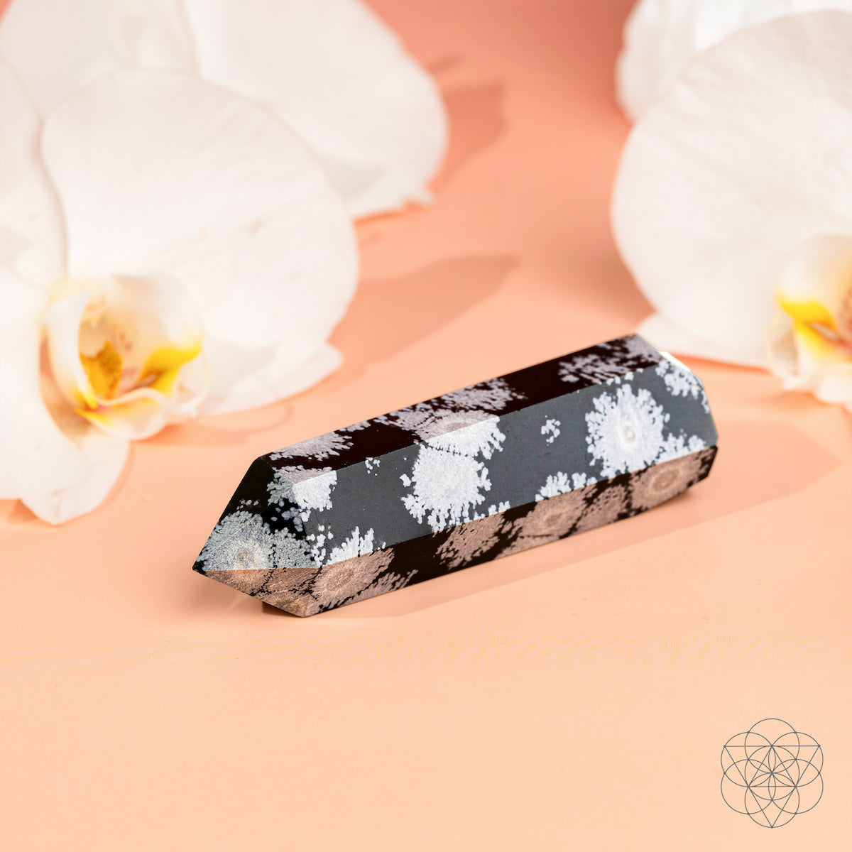 Snowflake Obsidian crystal point with white snowflake patterns on black stone — view 4