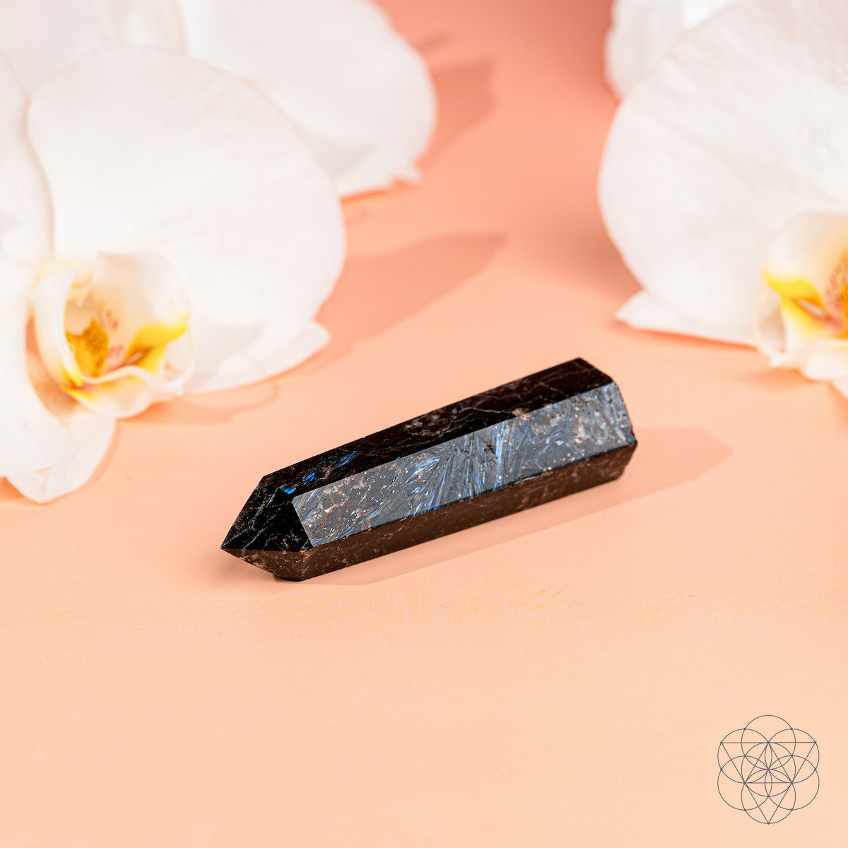 Rare Arfvedsonite crystal point with marble-white streaks through dark stone — view 4