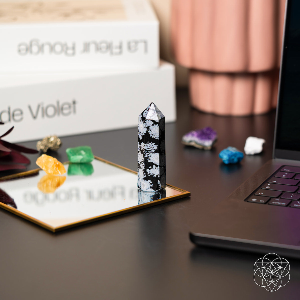 Snowflake Obsidian crystal point with white snowflake patterns on black stone — view 6