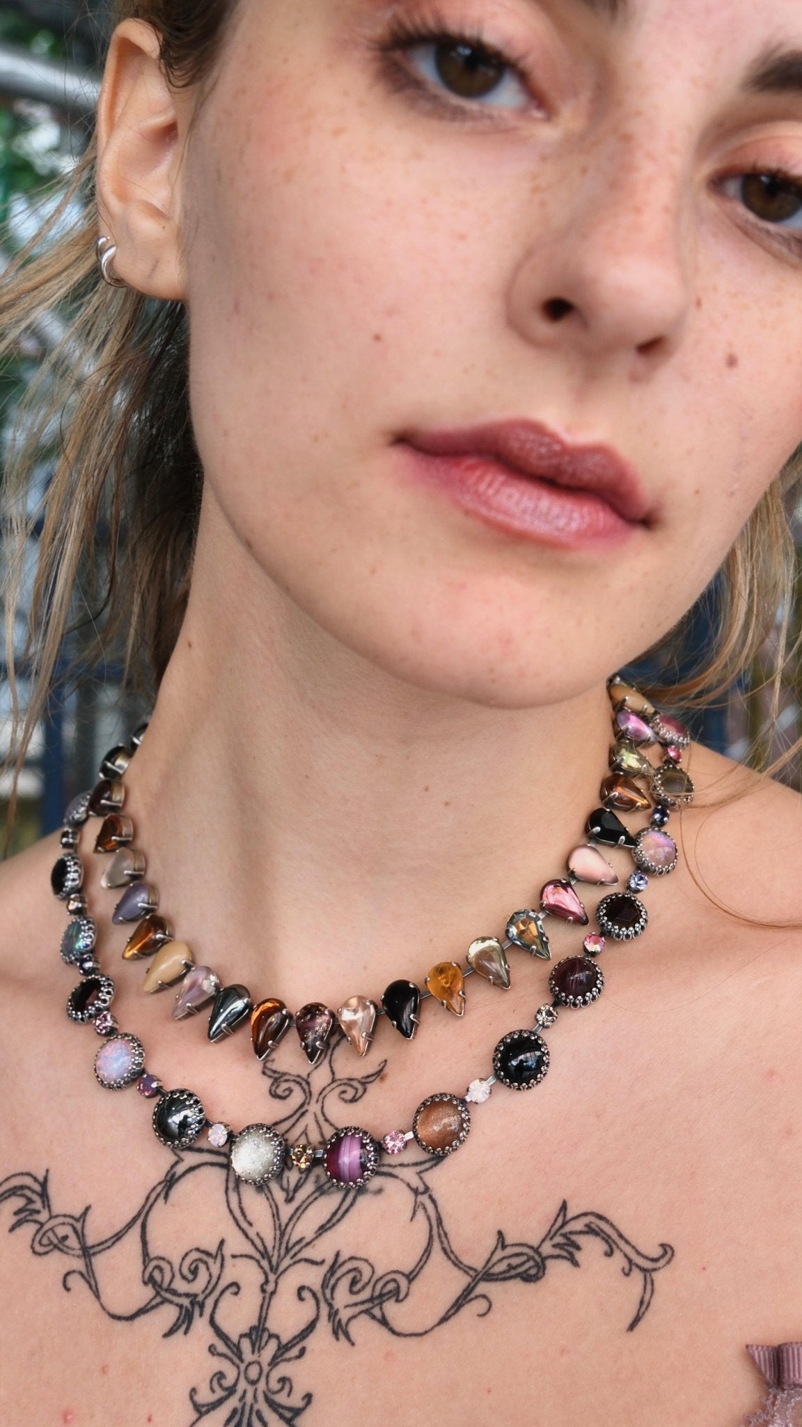 Fang Layering Choker in Punk Rocks — oxidized silver choker strung with multicolored 1960s dead-stock glass stones — view 3