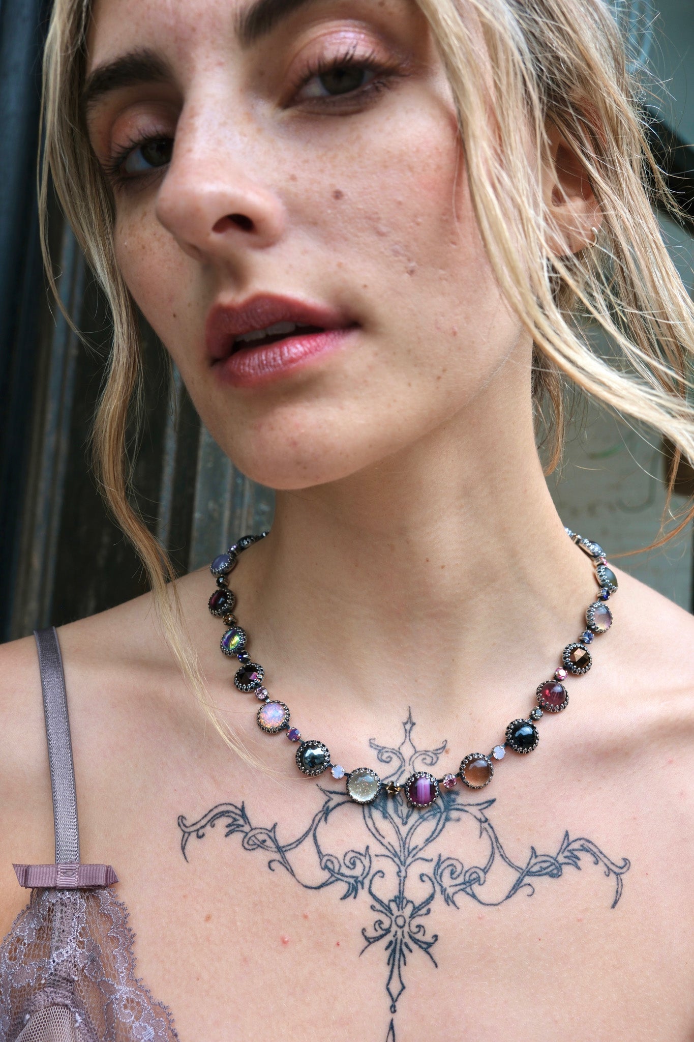 Paint Pot Layering Choker in Punk Rocks — oxidized silver choker with 1960s dead-stock glass stones strung between crystals — view 2
