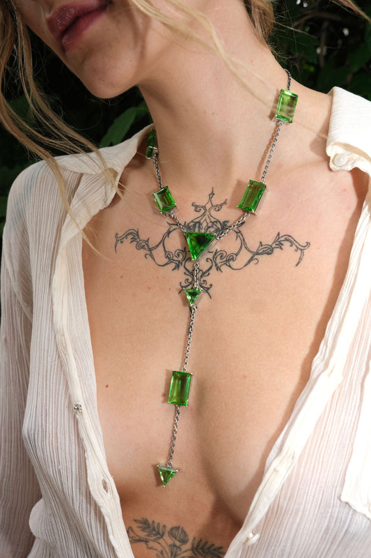 Slink Y-Chain in Green Envy — thin oxidized silver cable chain strung with luminous green glass in a Y-drop silhouette