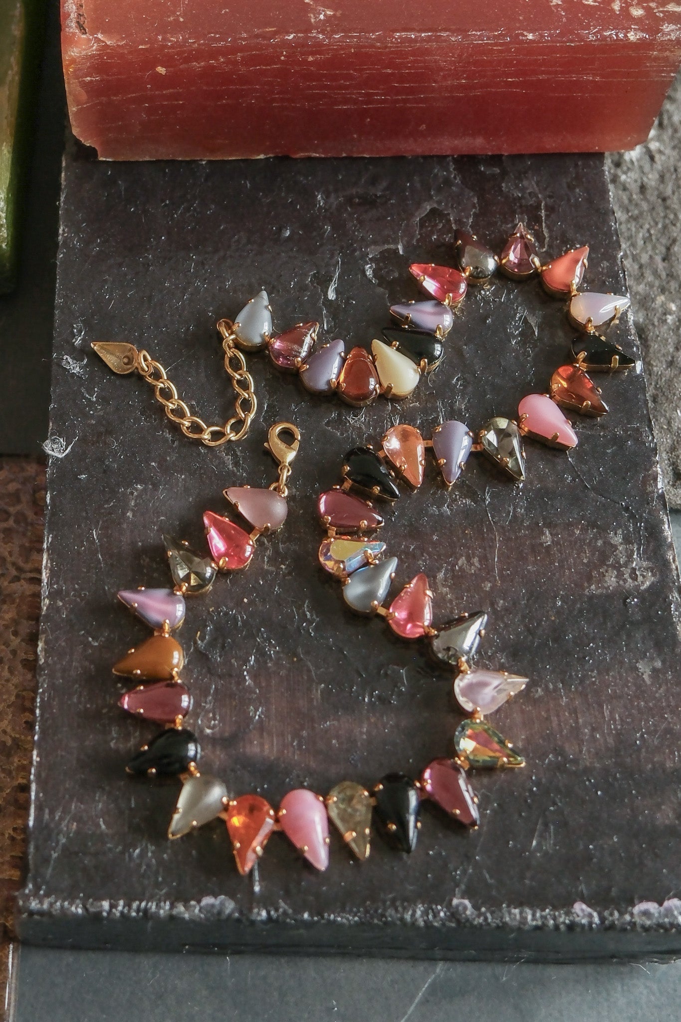 A gold-finish choker set with fang-shaped multicolored vintage glass stones — additional product view 5.