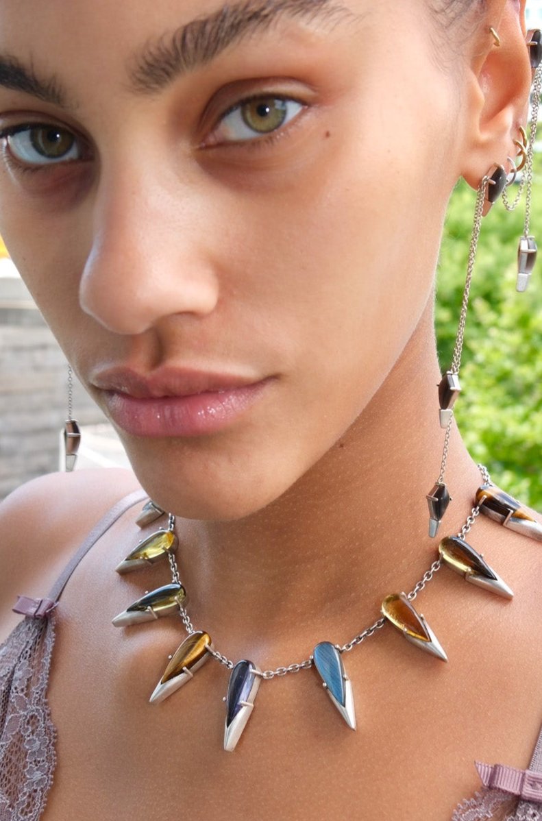 Saber Tooth Necklace in Angora (silver) — domed tiger eye, smoky quartz and labradorite stones capped with sharp silver tips on thin silver cable chain