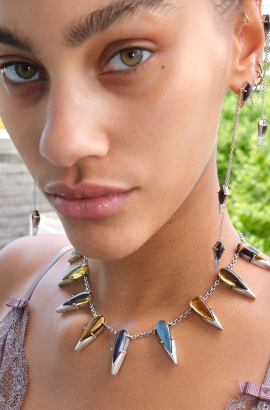 Saber Tooth Necklace in Angora (silver) — domed tiger eye, smoky quartz and labradorite stones capped with sharp silver tips on thin silver cable chain