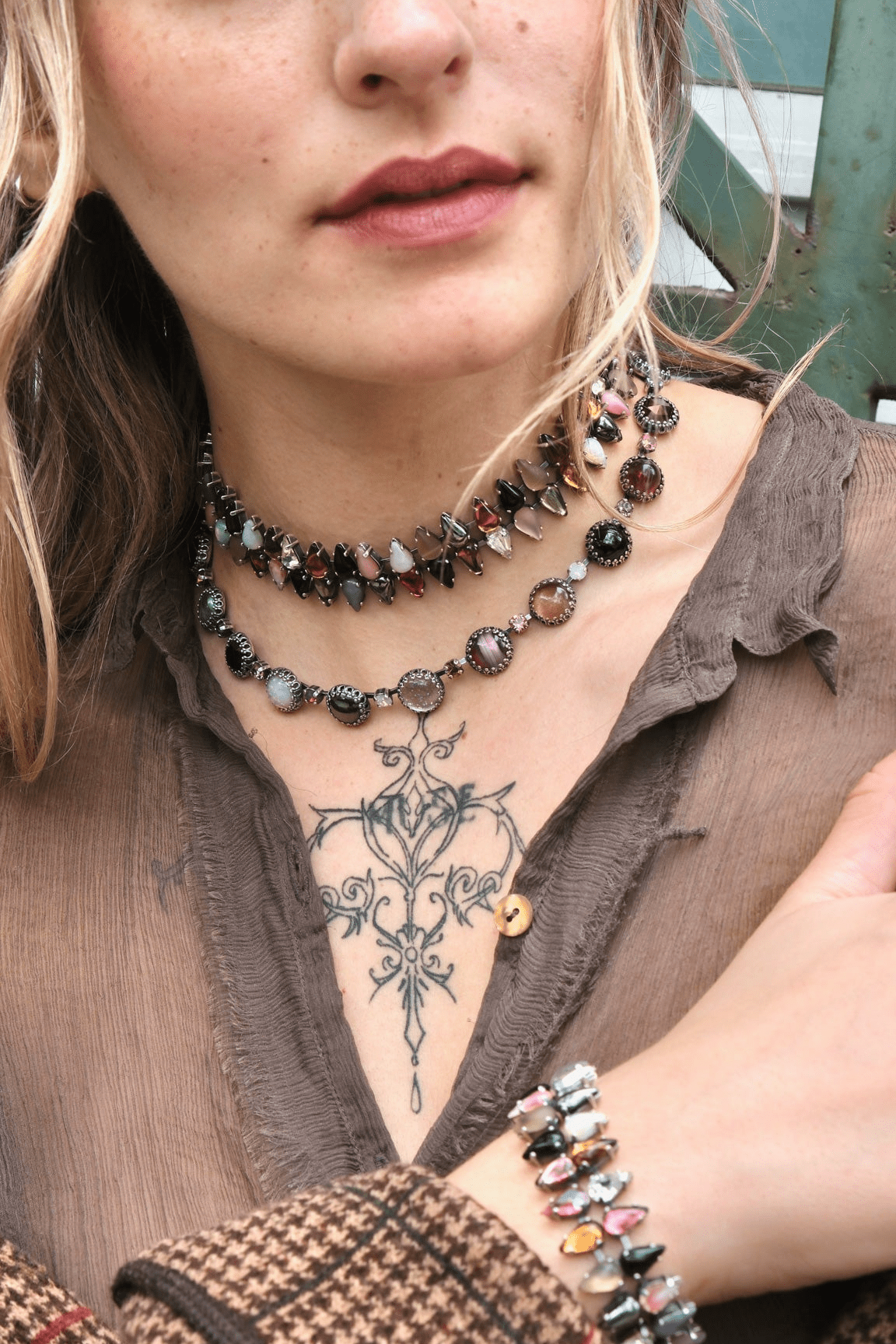 Paint Pot Layering Choker in Punk Rocks — oxidized silver choker with 1960s dead-stock glass stones strung between crystals — view 3