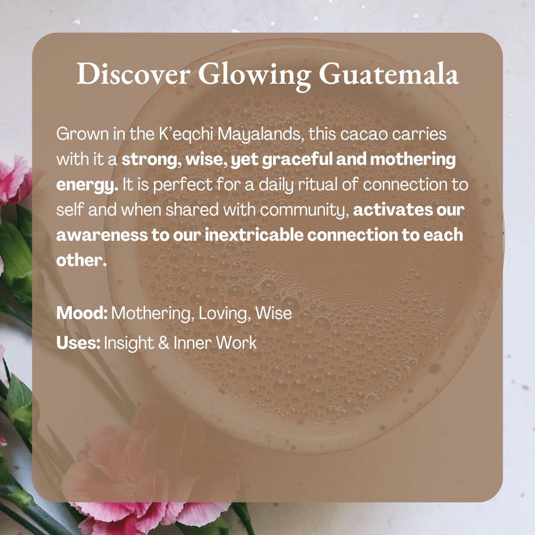 Discover Glowing Guatemala information card describing the origin, mood and suggested use of the cacao over a photo of a filled cup