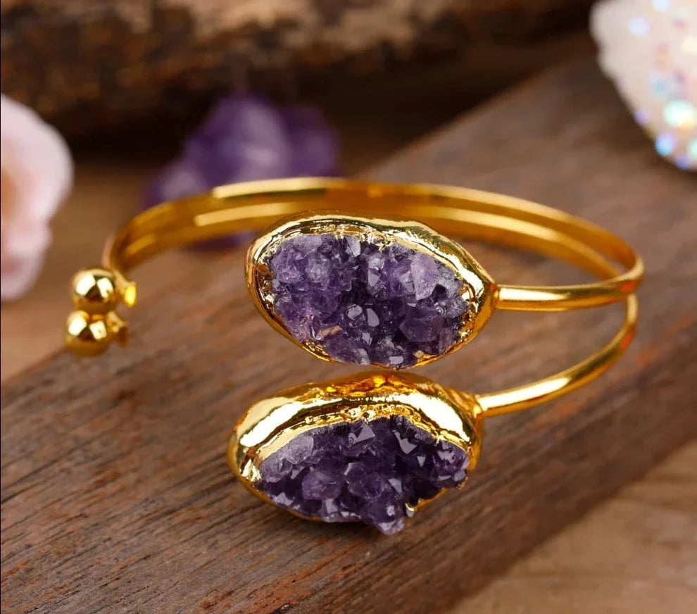 Open cuff bracelet set with an irregular raw amethyst druzy crystal — view 3 of 12