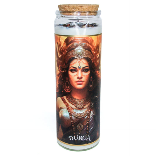 Durga crystal altar candle in a clear glass vessel, topped with crystals