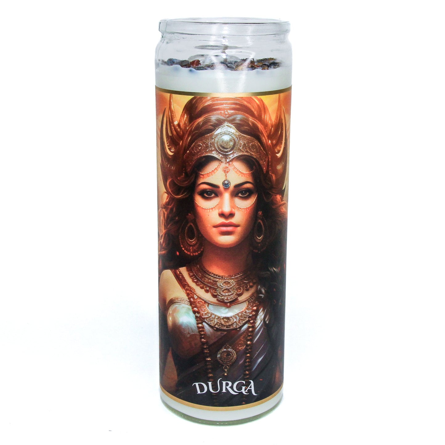 Close-up of the crystals set on top of the Durga altar candle