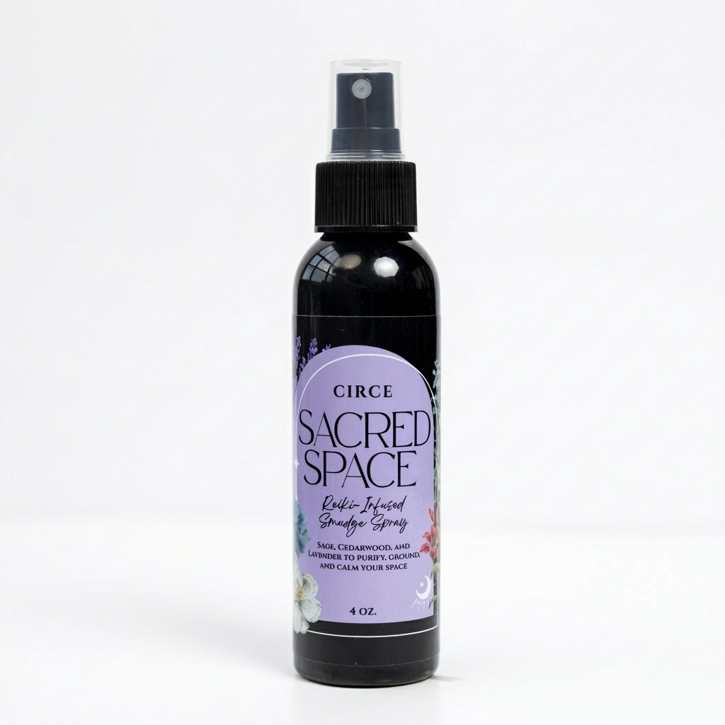 Sacred Space smudge spray in a 4 ounce bottle, front view