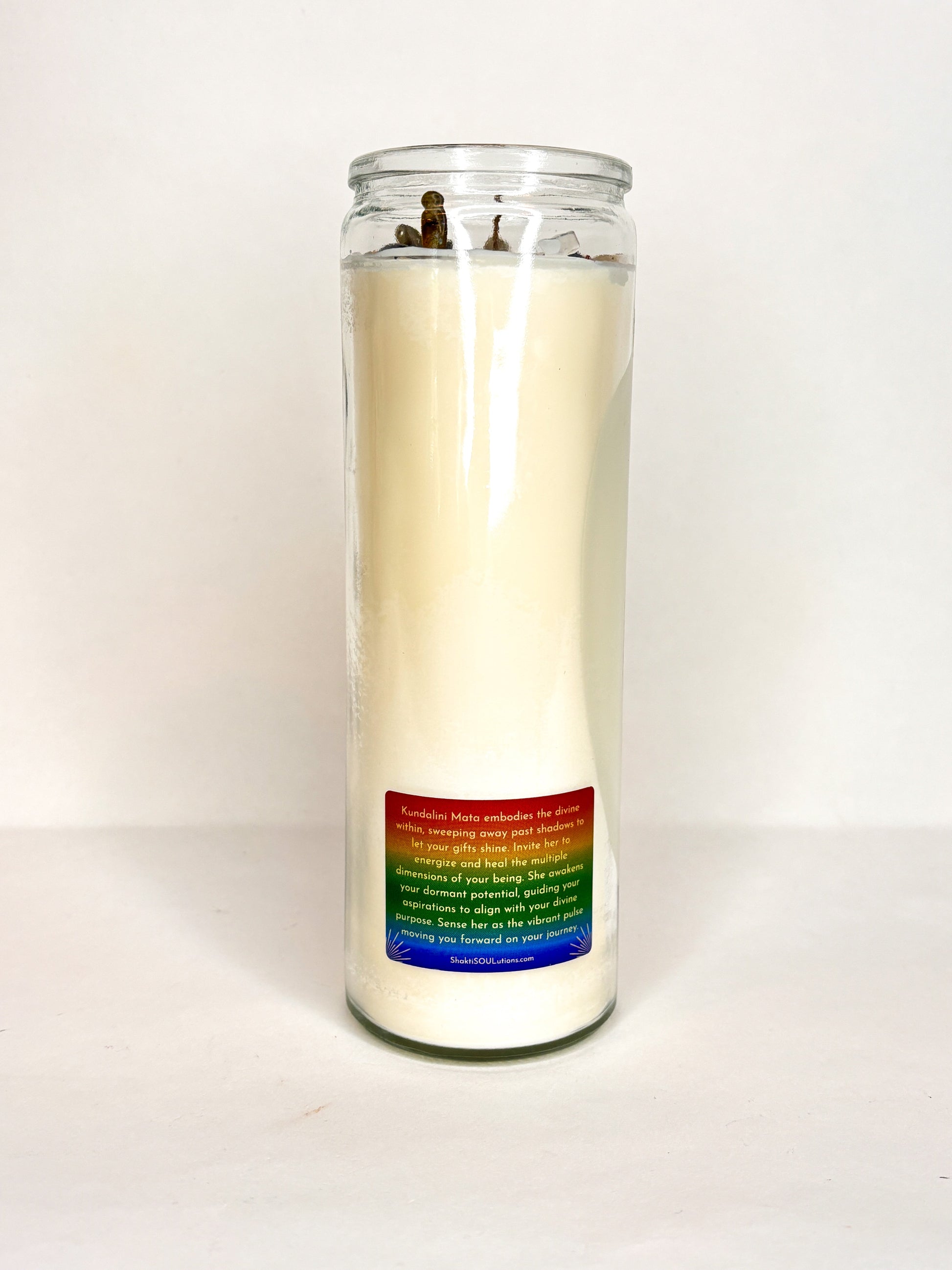 Back of the Kundalini Shakti altar candle showing the printed image and inscription