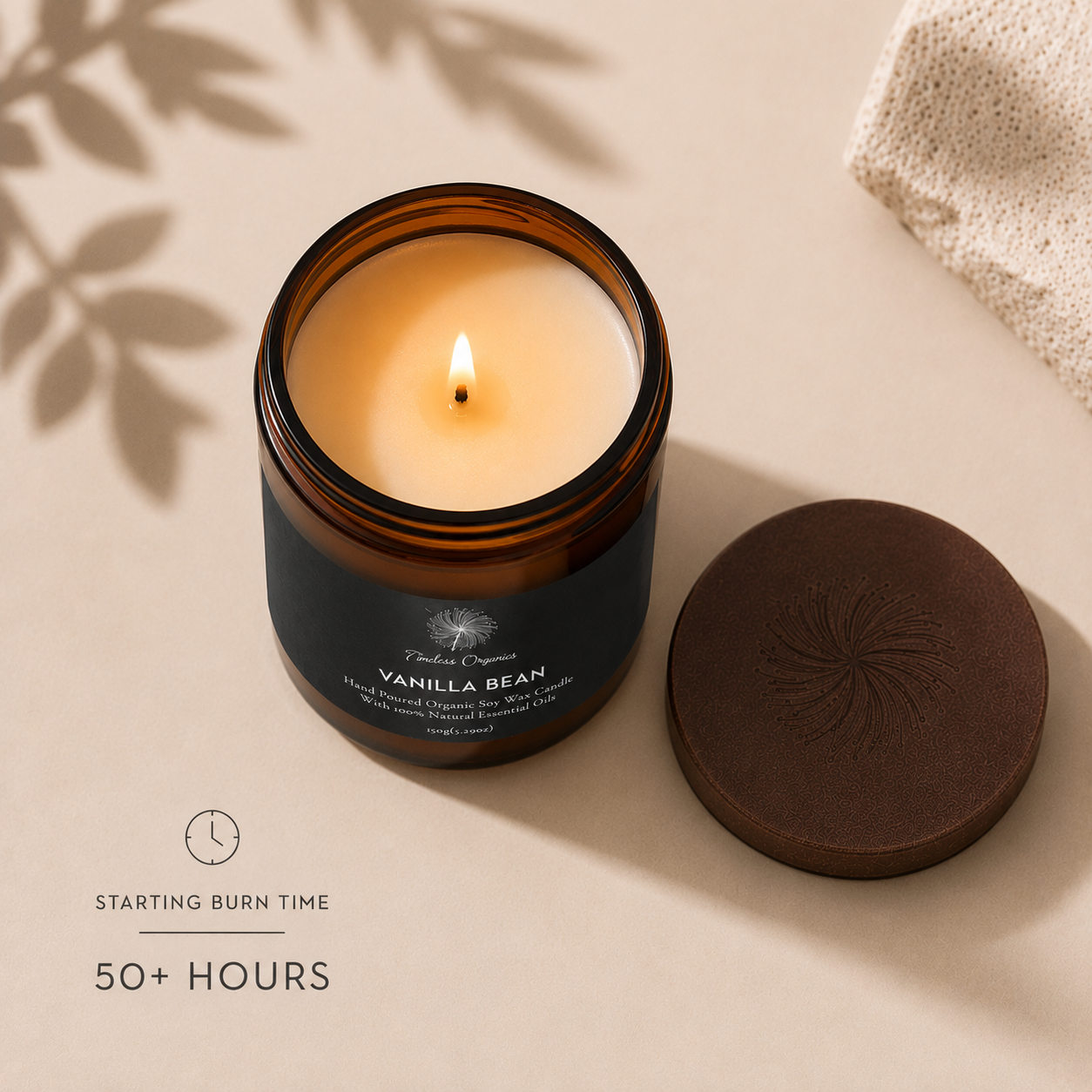 Vanilla bean hand-poured organic soy candle in recyclable amber glass — view 4