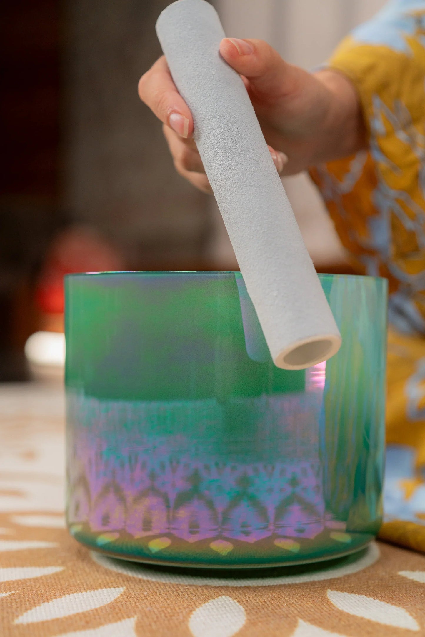 6.75-inch Solfeggio crystal singing bowl in turquoise green, tuned to 285 Hz — view 4 of 8
