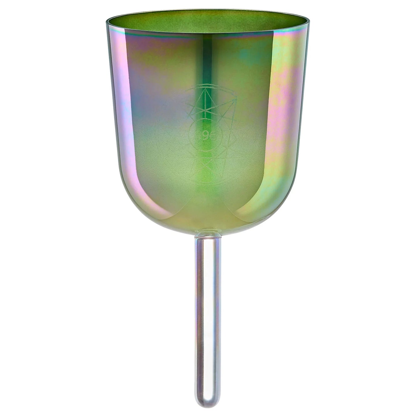 Olive-green frosted quartz crystal singing bowl standing upright on a plain neutral background.