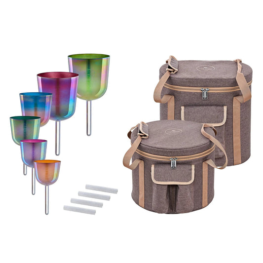 A six-piece set of colored frosted quartz crystal singing bowls arranged together on a plain neutral background.