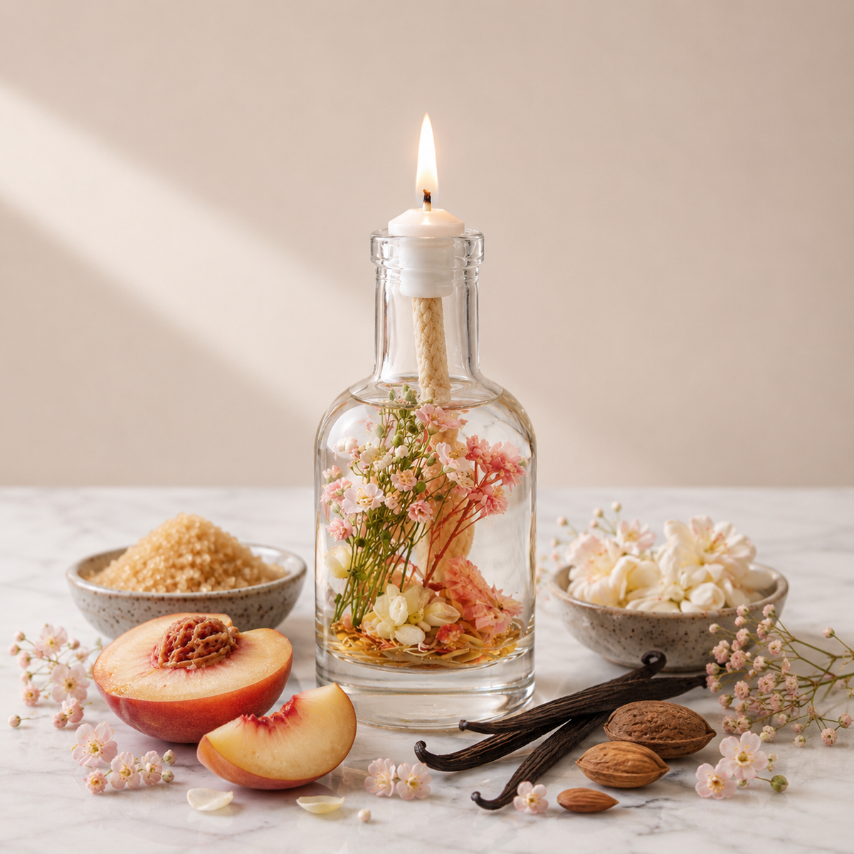 Lit Taurus oil candle: a clear glass bottle of pink and white dried flowers with a burning wick, on marble beside a peach slice, vanilla pods, almonds, white blossom and a bowl of sugar