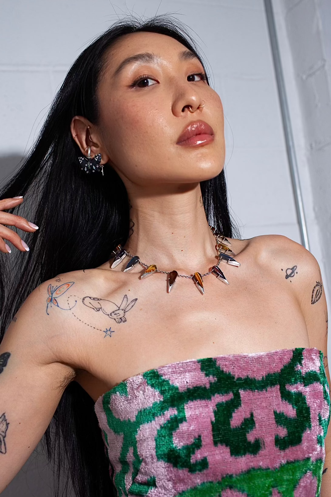 Saber Tooth Necklace in Angora (silver) — domed tiger eye, smoky quartz and labradorite stones capped with sharp silver tips on thin silver cable chain — view 2