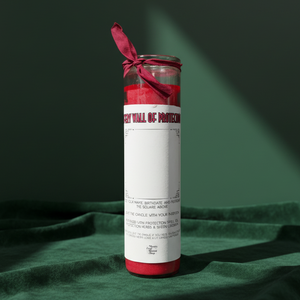 A tall red seven-day glass jar candle with a Fiery Wall of Protection label.