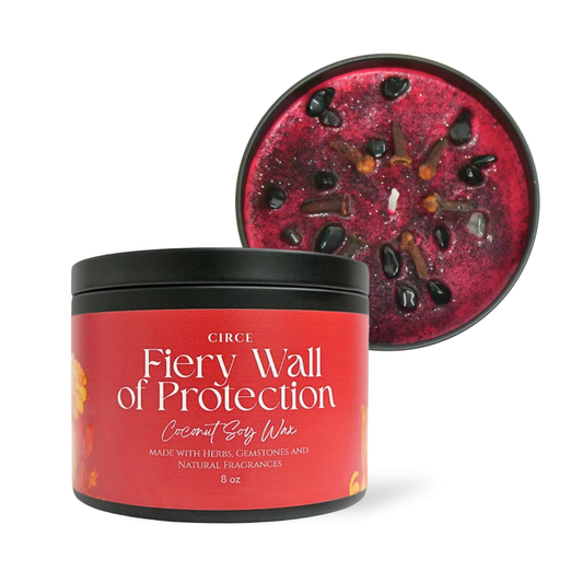 Fiery Wall of Protection ritual candle in an 8 oz jar with cloves and black obsidian