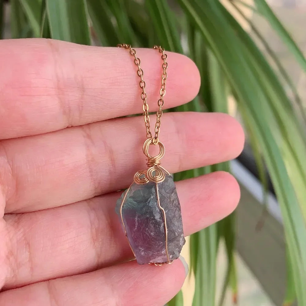 Raw wire-wrapped crystal pendant on a gold-plated stainless steel link chain — view 6 of 20