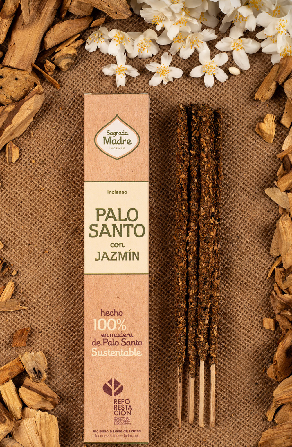 Palo Santo with Jasmine incense pack on burlap with palo santo chips and white flowers