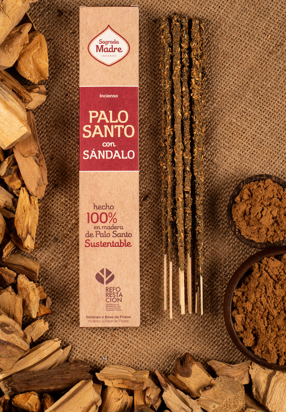 Palo Santo incense pack on burlap with wood chips