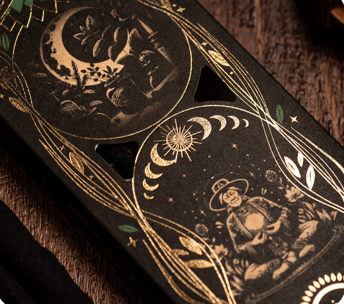 Gold line illustration detail on the Tranquility Ritual incense box