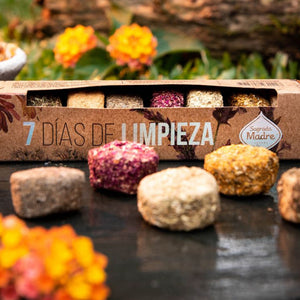 Open 7 Días de Limpieza box showing seven different herb-topped charcoal discs