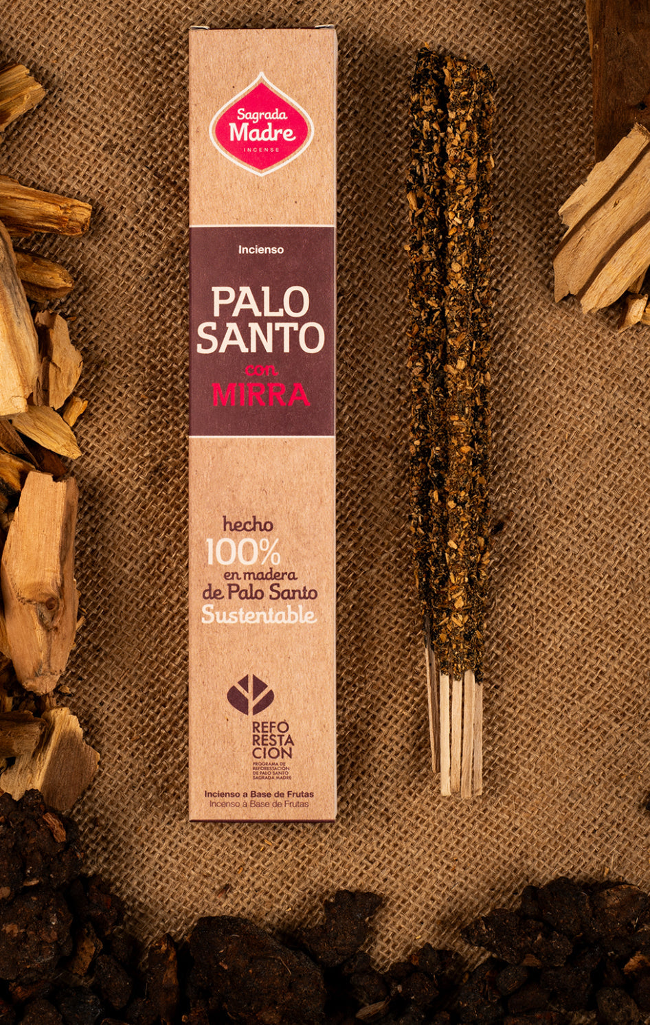 Palo Santo incense pack on burlap with wood chips
