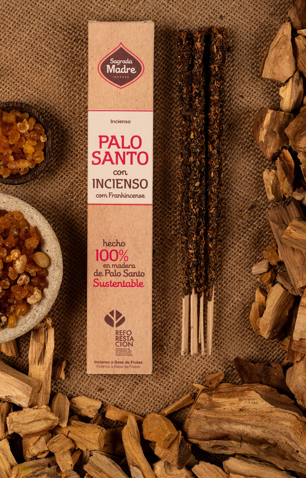 Palo Santo incense pack on burlap with wood chips