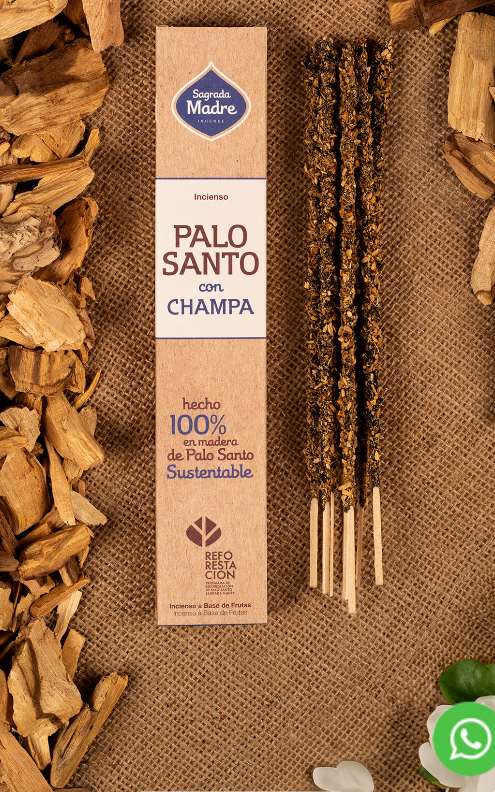 Palo Santo with Champa incense pack on burlap with palo santo wood chips