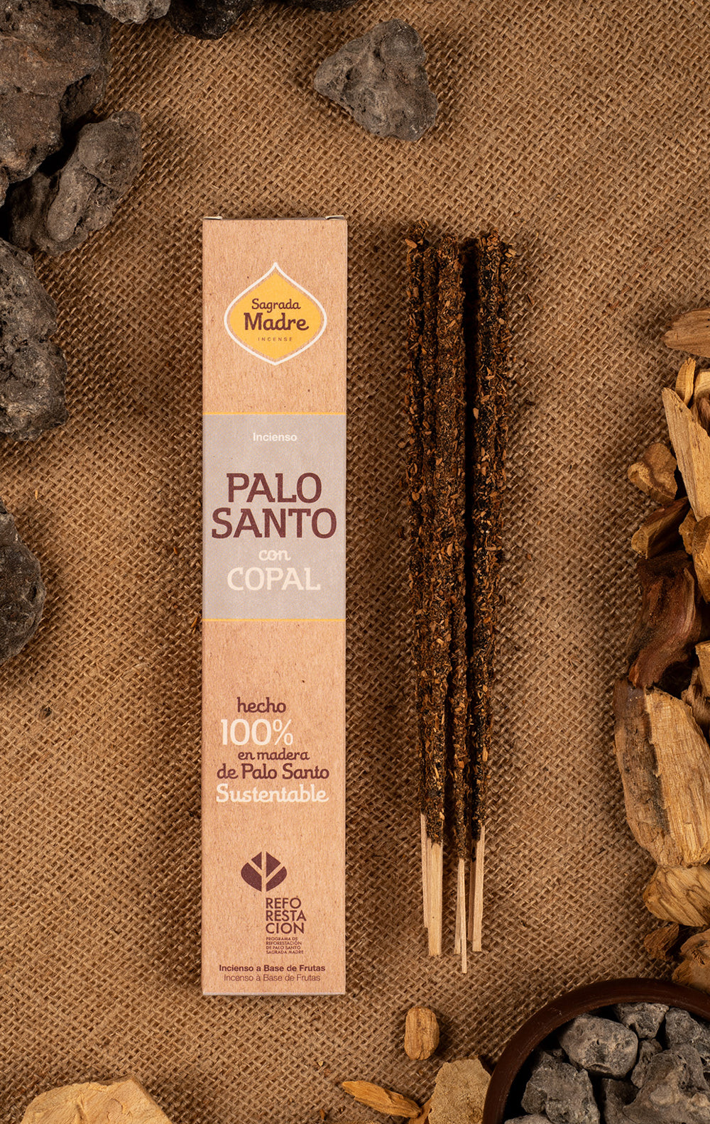 Palo Santo incense pack on burlap with wood chips