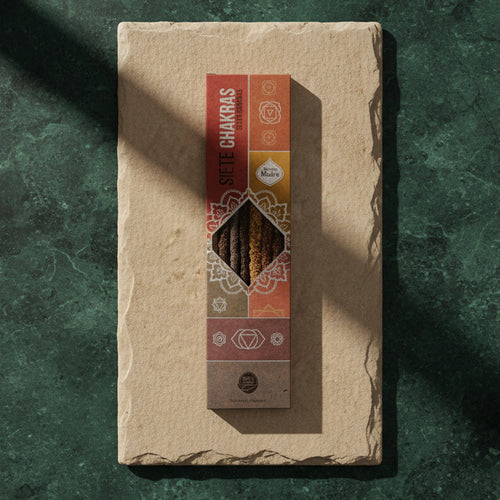 The Siete Chakras incense box standing on a pale stone slab against dark green