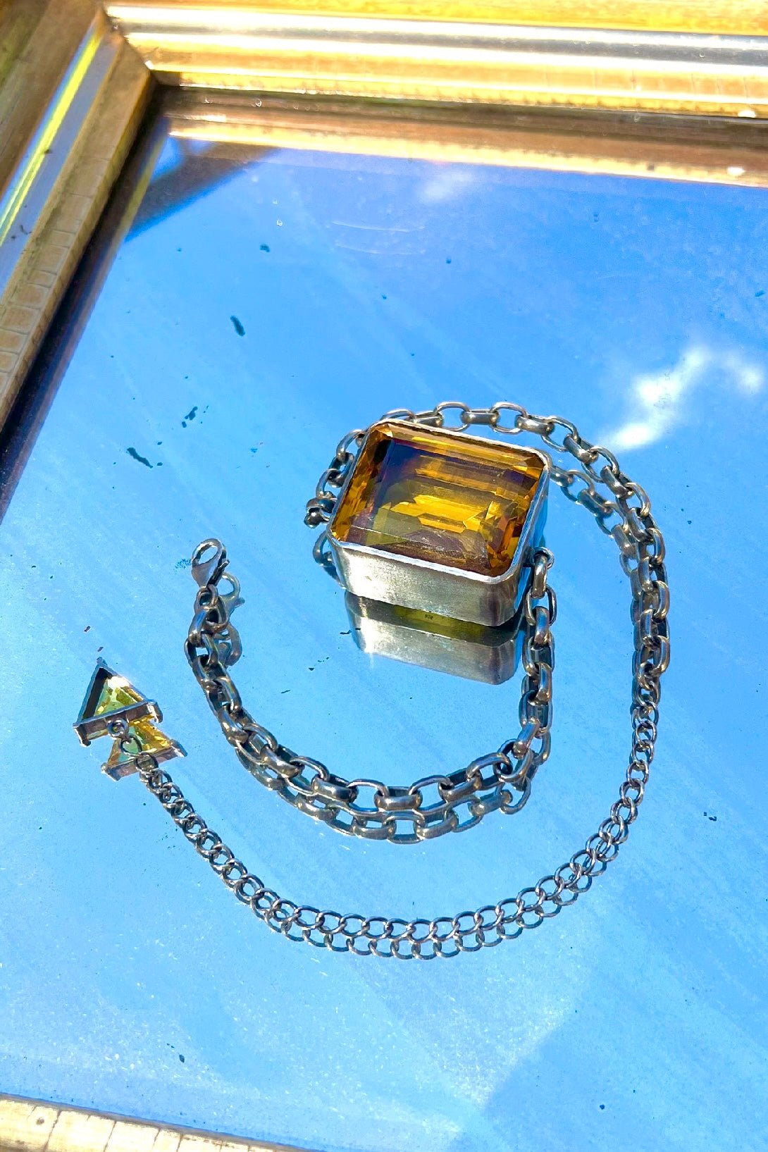 Square Goliath Choker in Golden — a large square golden yellow glass stone suspended from a heavy oxidized silver chain — view 2