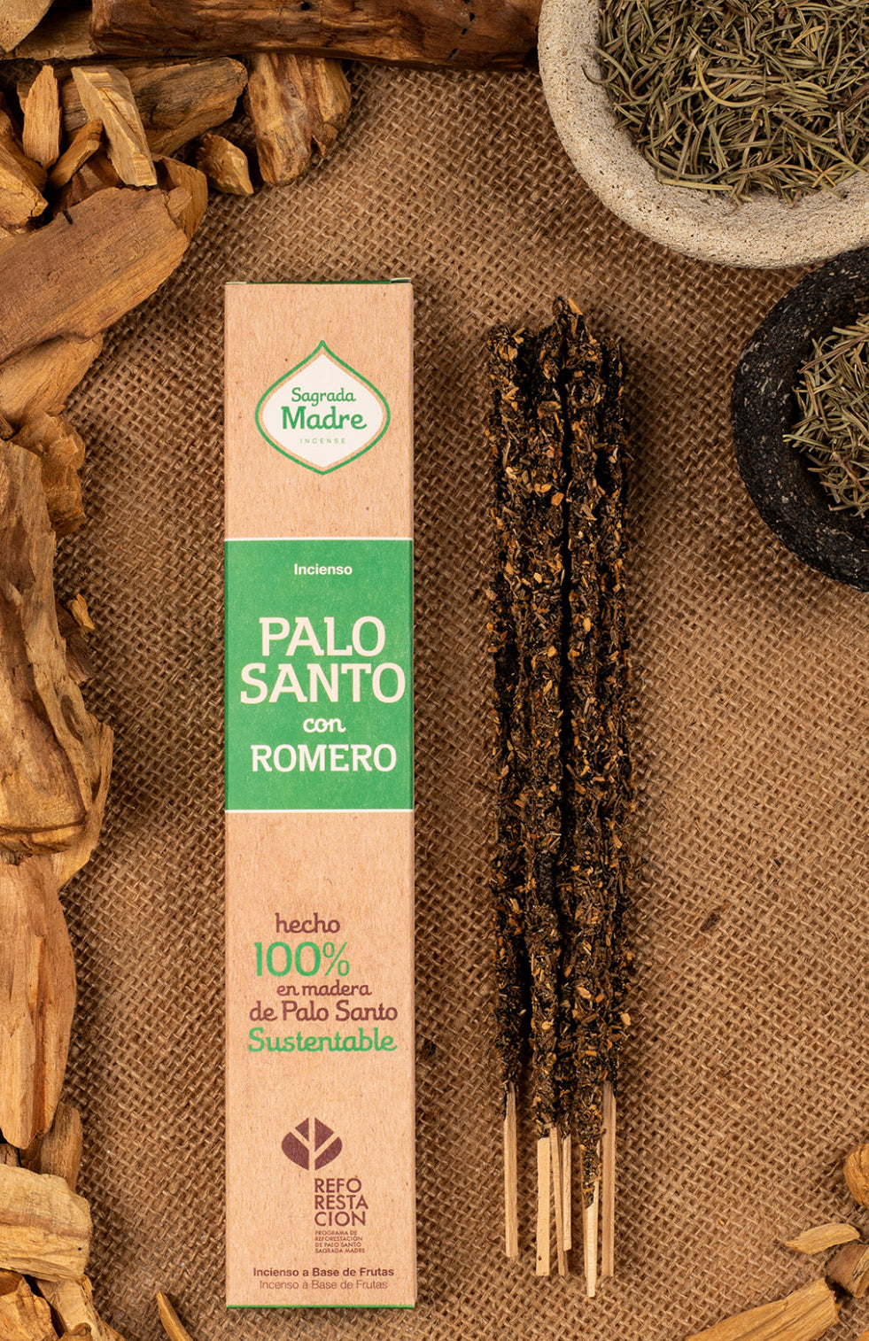 Palo Santo incense pack on burlap with wood chips