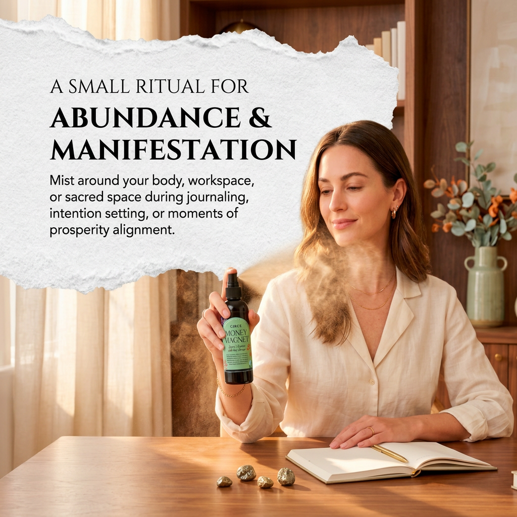 Prosperity smudge spray bottle, a money-drawing ritual mist, shown in a styled setting