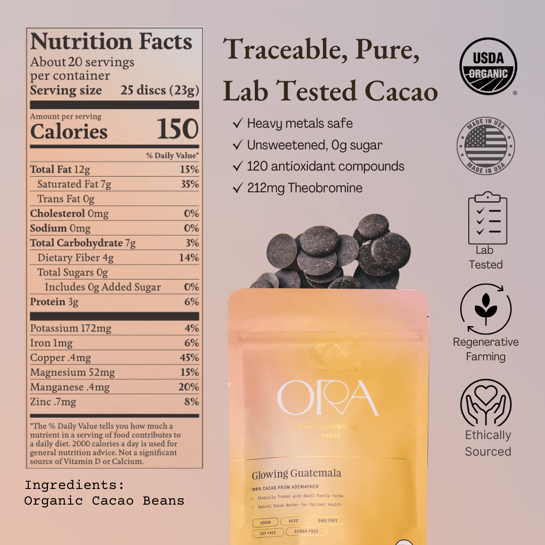 Nutrition facts panel for Ora Glowing Guatemala ceremonial cacao beside the pouch and a pile of cacao discs, with USDA Organic, lab tested and ethically sourced badges