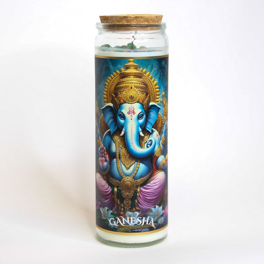 Ganesha Crystal Altar Candle in a 16 oz glass tumbler with an image of Ganesha on the label and crystals set into the wax