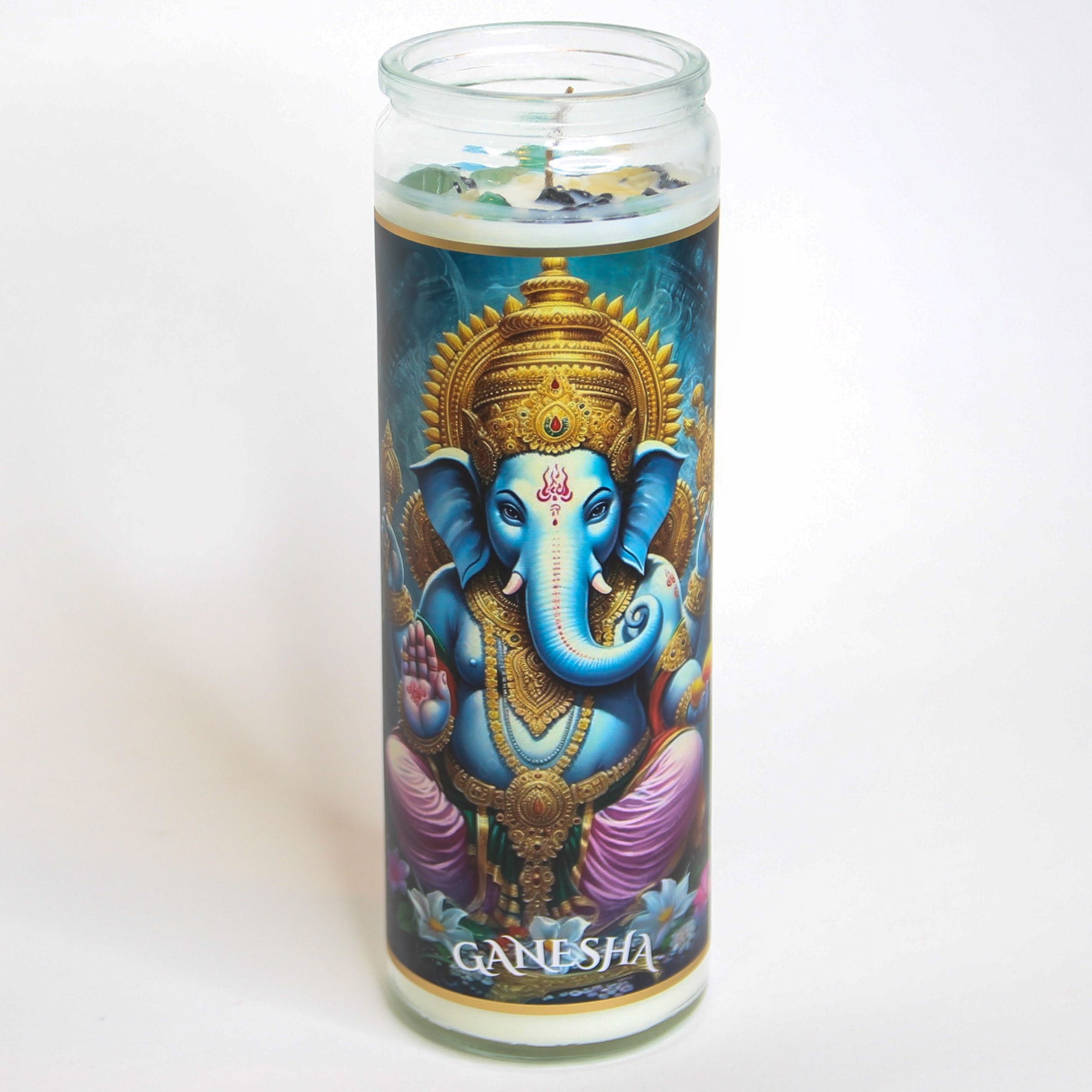 Ganesha Crystal Altar Candle in a 16 oz glass tumbler with an image of Ganesha on the label and crystals set into the wax — product photo 2