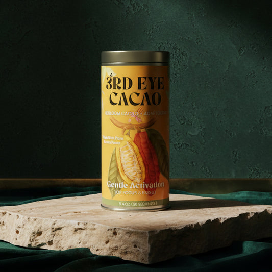 3rd Eye Cacao Gentle Activation tin, 8.4 oz, on a stone slab against a dark green backdrop