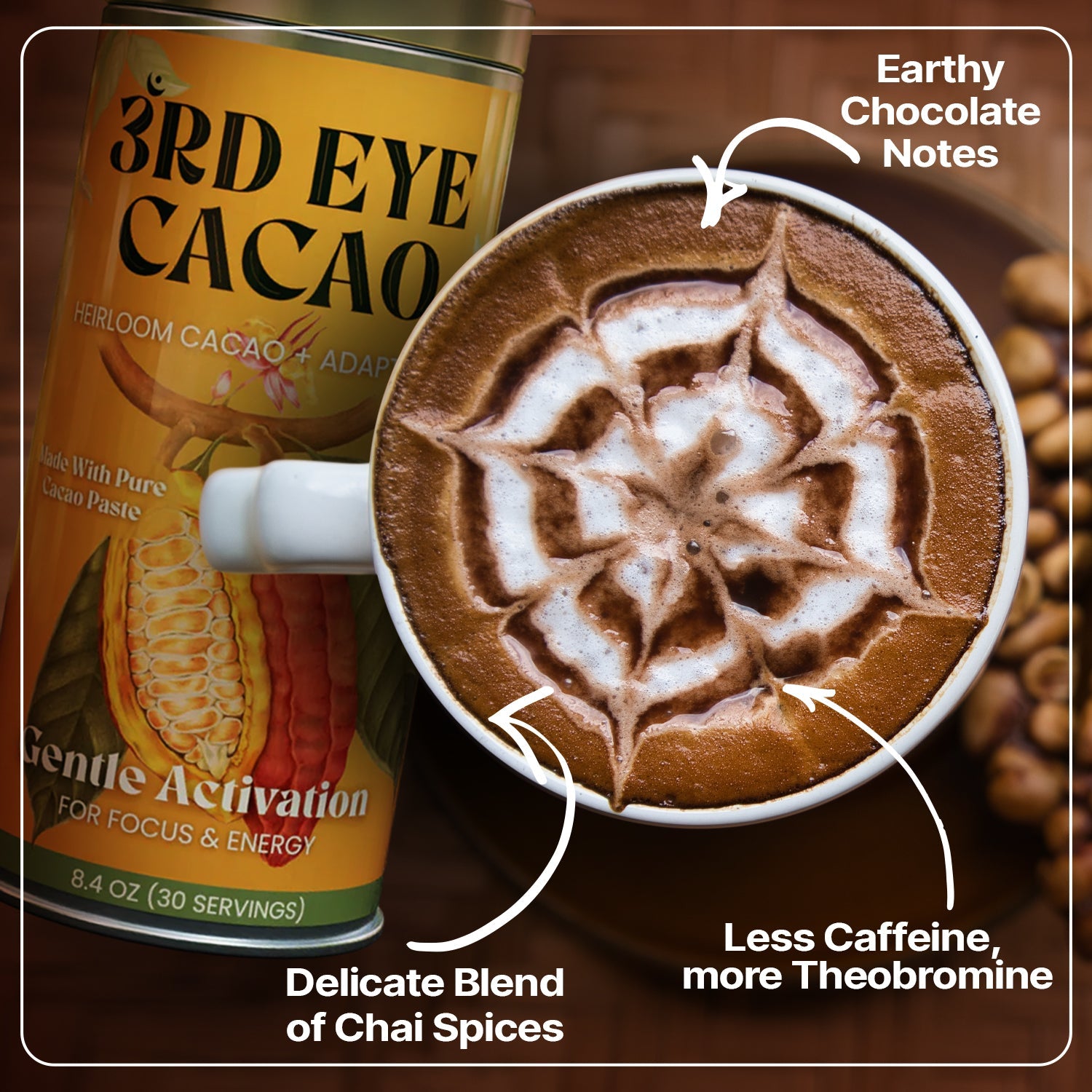 Gentle Activation cacao elixir powder with lion's mane, ashwagandha and maca by 3rd Eye Cacao (view 4)