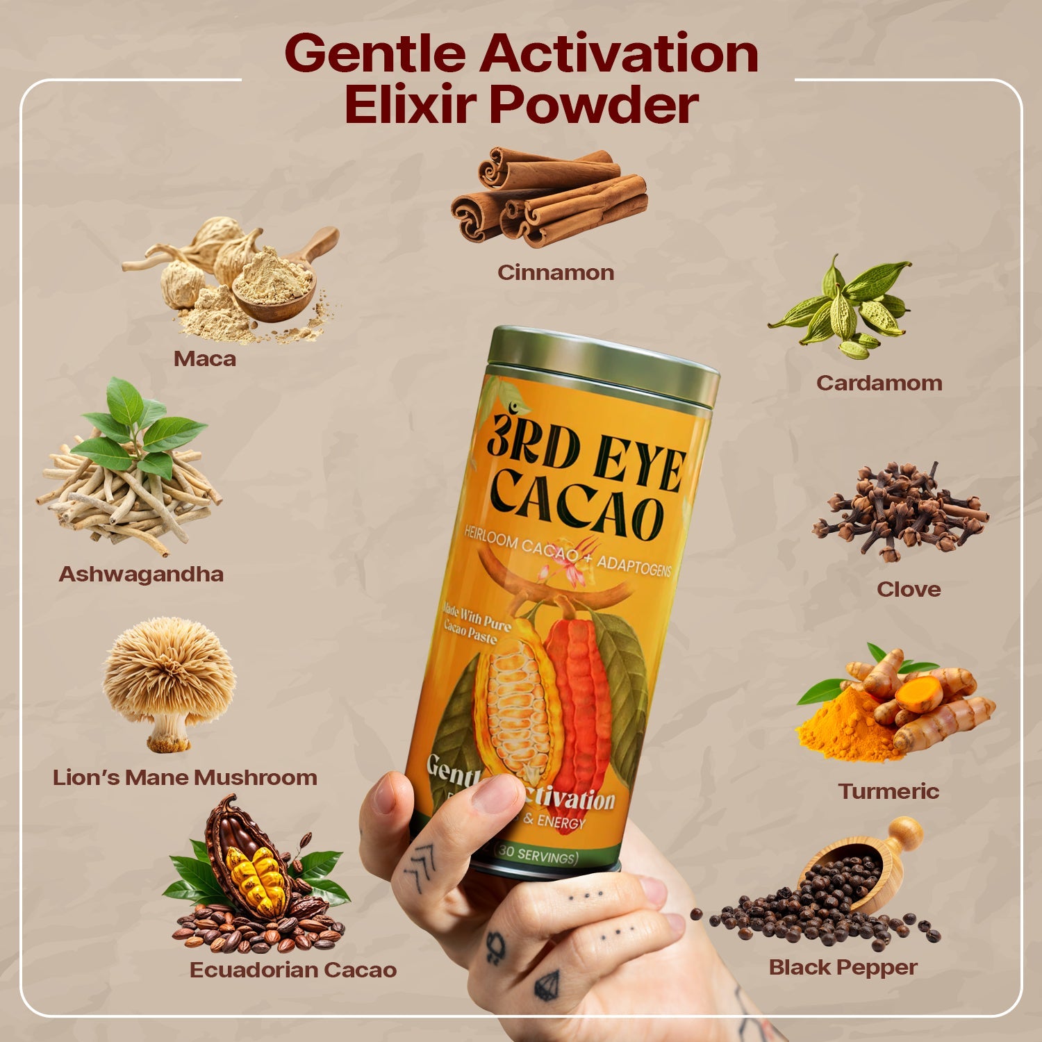 Gentle Activation cacao elixir powder with lion's mane, ashwagandha and maca by 3rd Eye Cacao (view 2)