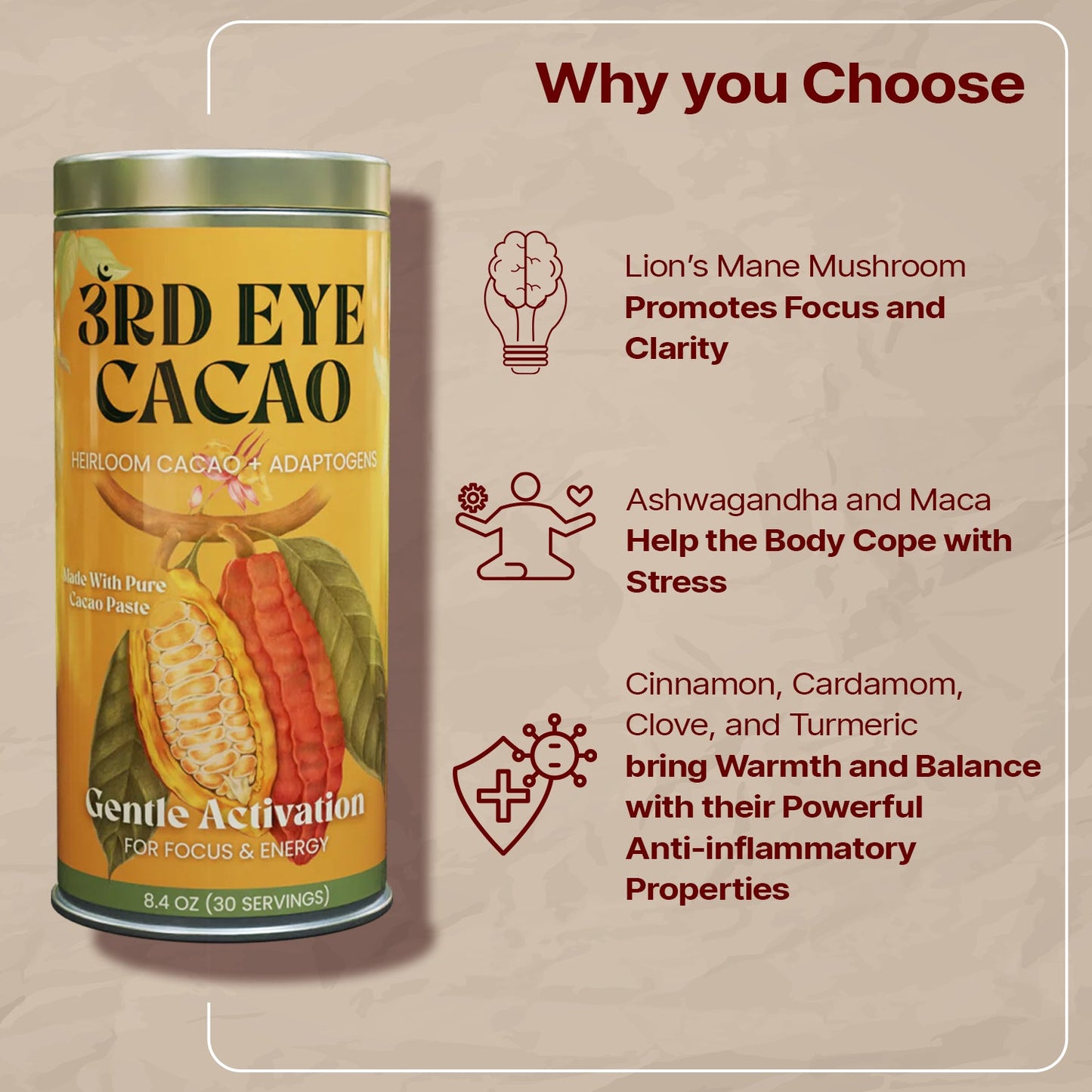 Gentle Activation ceremonial cacao elixir with lion's mane, ashwagandha and maca by 3rd Eye Cacao (view 3)